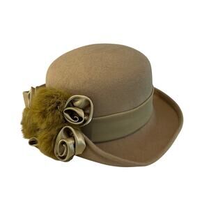 VTG Milano Moss Green Wool Felt Bowler / Derby Hat, Satin Roses, Rabbit Fur